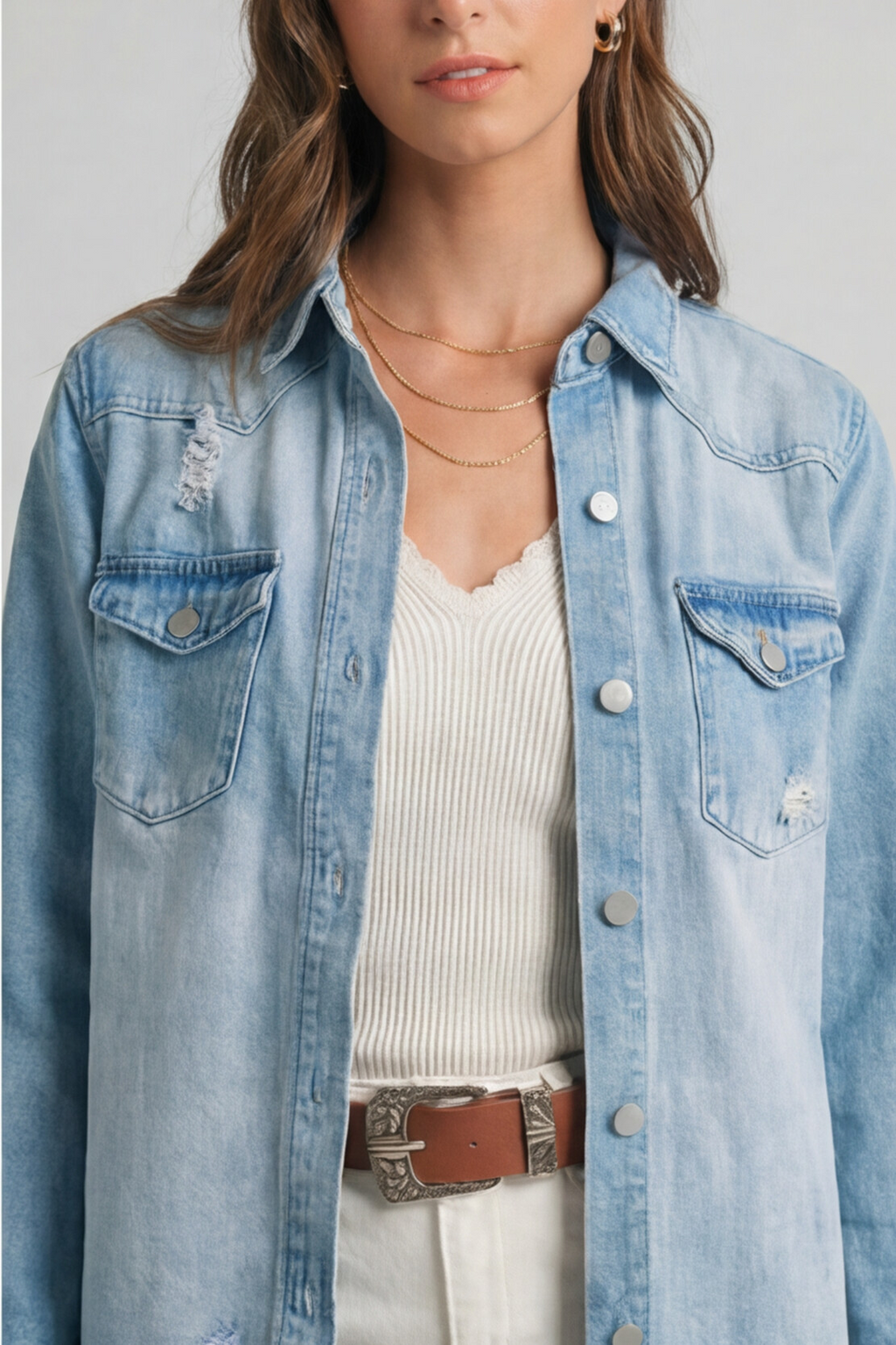 The Beau Blue Distressed Denim Shacket