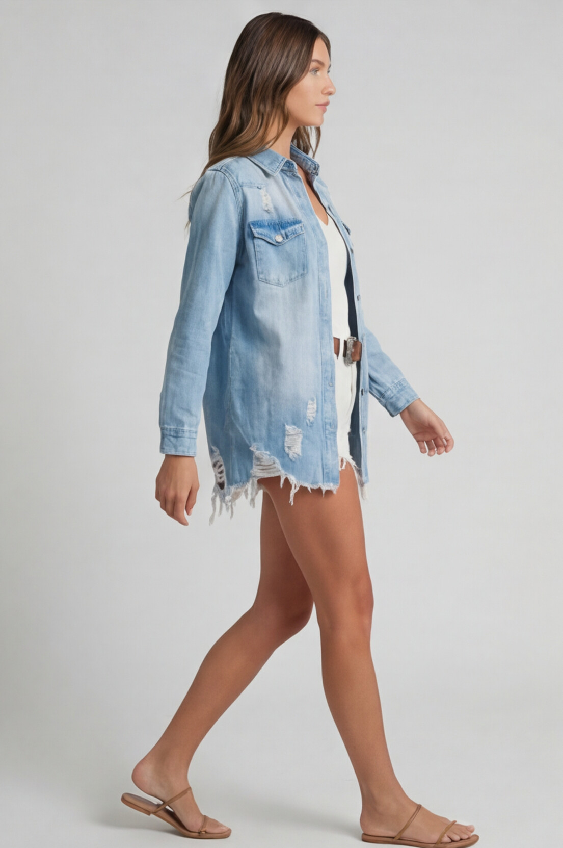 The Beau Blue Distressed Denim Shacket