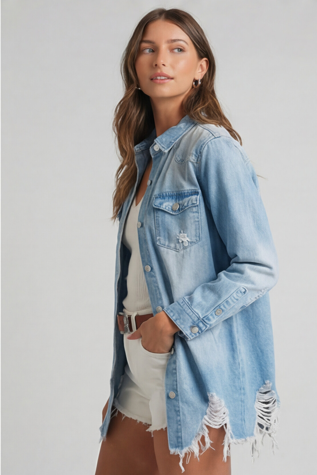 The Beau Blue Distressed Denim Shacket