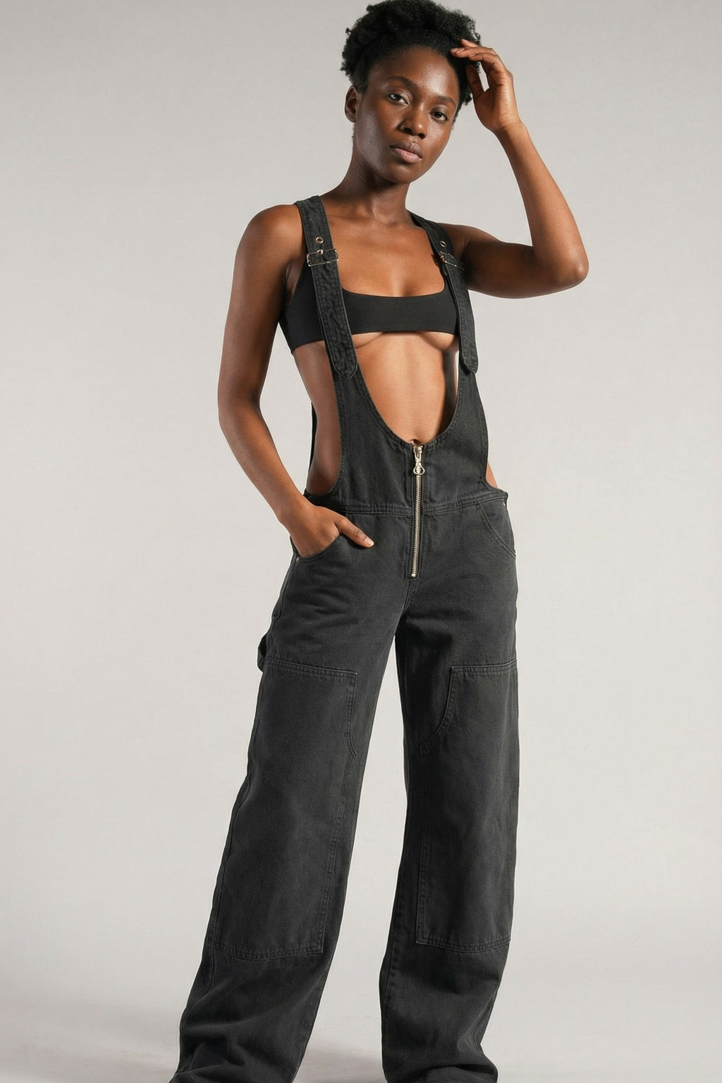 Urban Rift Cut‑Out Denim Suspender Pants