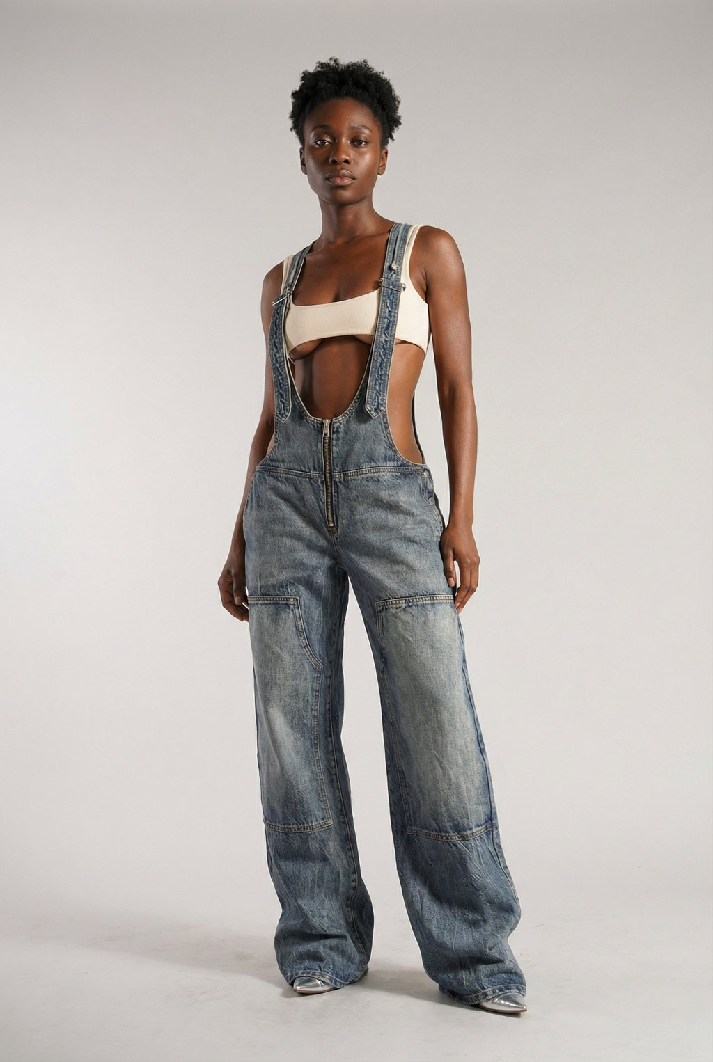 Urban Rift Cut‑Out Denim Suspender Pants