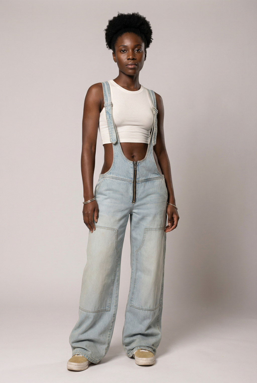 Urban Rift Cut‑Out Denim Suspender Pants